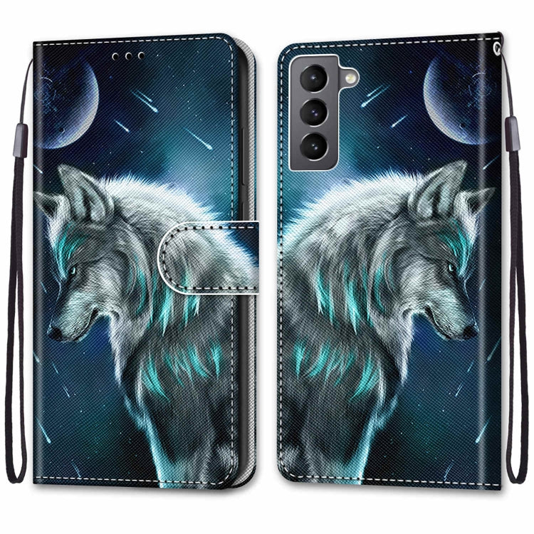 For Samsung Galaxy S22 5G Coloured Drawing Cross Texture Horizontal Flip Leather Phone Case with Holder & Card Slots & Wallet & Lanyard(Pensive Wolf)