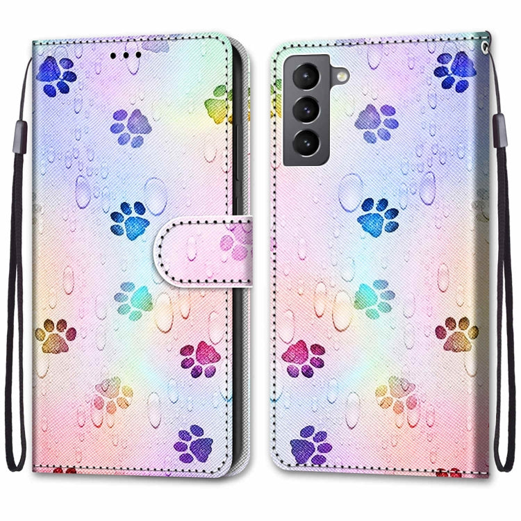 For Samsung Galaxy S22 5G Coloured Drawing Cross Texture Horizontal Flip Leather Phone Case with Holder & Card Slots & Wallet & Lanyard(Footprint Water Drops)