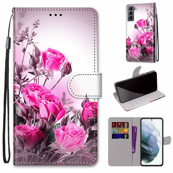For Samsung Galaxy S22 5G Coloured Drawing Cross Texture Horizontal Flip Leather Phone Case with Holder & Card Slots & Wallet & Lanyard(Wild Rose)