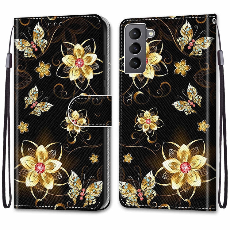 For Samsung Galaxy S22 5G Coloured Drawing Cross Texture Horizontal Flip Leather Phone Case with Holder & Card Slots & Wallet & Lanyard(Gold Diamond Butterfly)