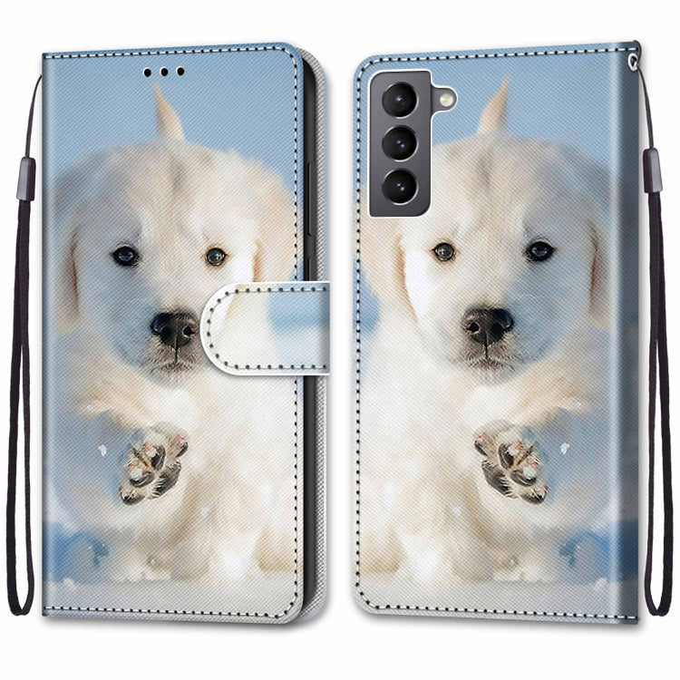 For Samsung Galaxy S22 5G Coloured Drawing Cross Texture Horizontal Flip Leather Phone Case with Holder & Card Slots & Wallet & Lanyard(Snow Puppy)