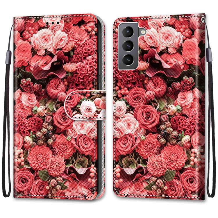 For Samsung Galaxy S22 5G Coloured Drawing Cross Texture Horizontal Flip Leather Phone Case with Holder & Card Slots & Wallet & Lanyard(Pink Rose Garden)