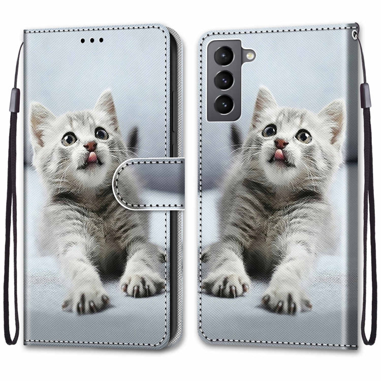 For Samsung Galaxy S22 5G Coloured Drawing Cross Texture Horizontal Flip Leather Phone Case with Holder & Card Slots & Wallet & Lanyard(Small Grey Cat)