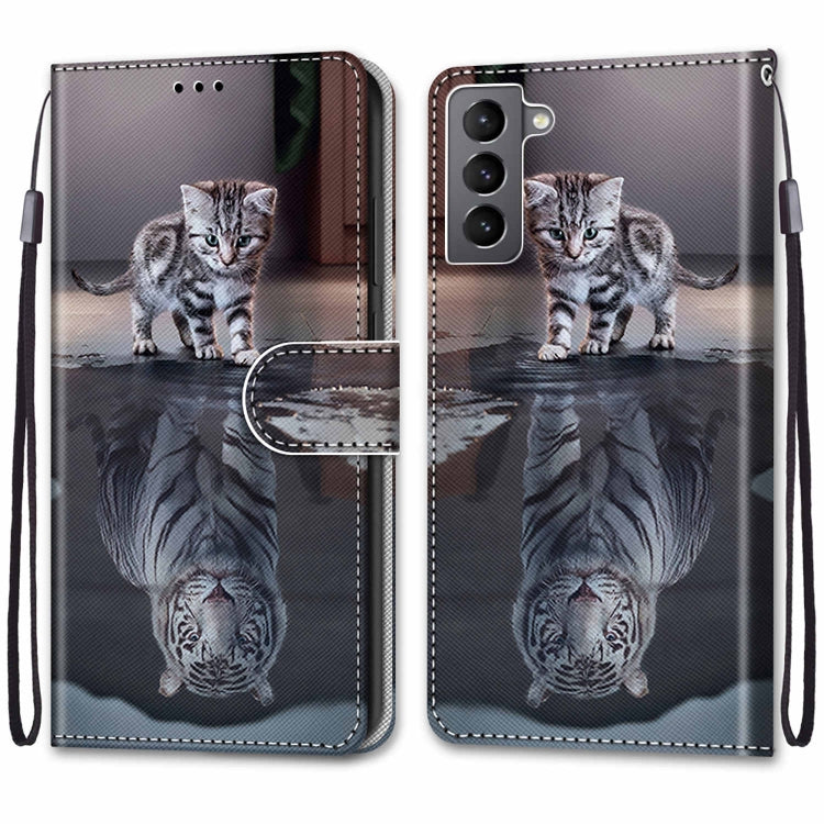 For Samsung Galaxy S22 5G Coloured Drawing Cross Texture Horizontal Flip Leather Phone Case with Holder & Card Slots & Wallet & Lanyard(Cat Becomes Tiger)