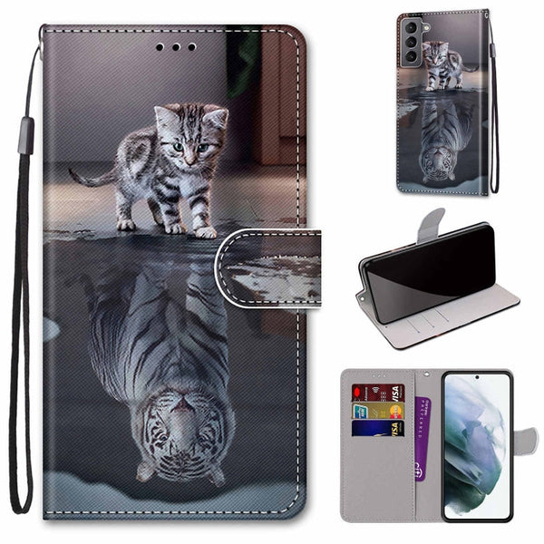 For Samsung Galaxy S22 5G Coloured Drawing Cross Texture Horizontal Flip Leather Phone Case with Holder & Card Slots & Wallet & Lanyard(Cat Becomes Tiger)