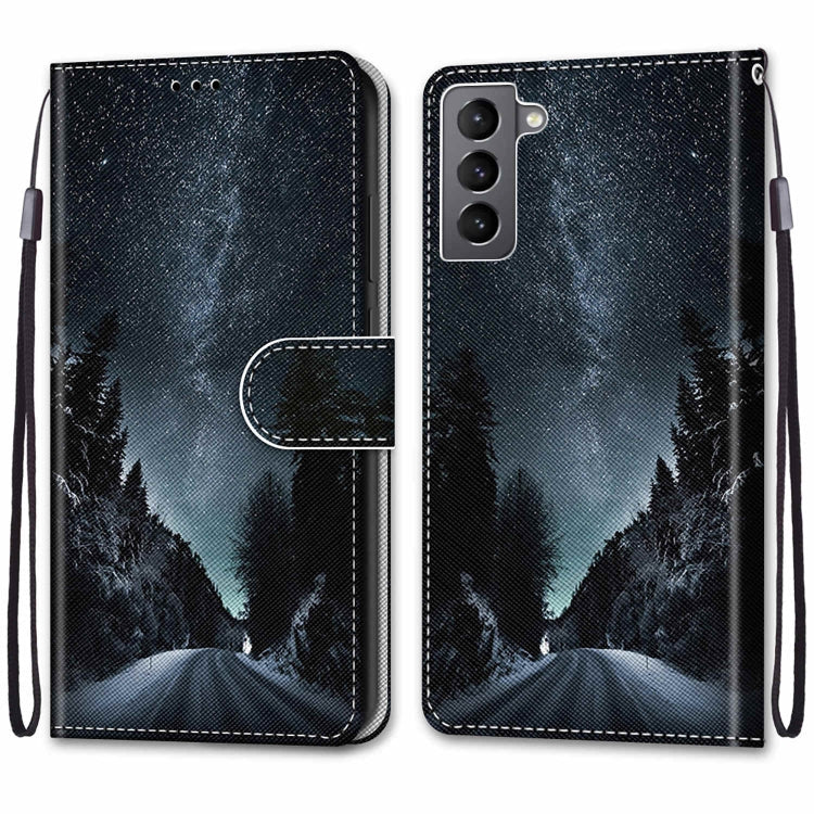 For Samsung Galaxy S22 5G Coloured Drawing Cross Texture Horizontal Flip Leather Phone Case with Holder & Card Slots & Wallet & Lanyard(Mountain Road Starry Sky)