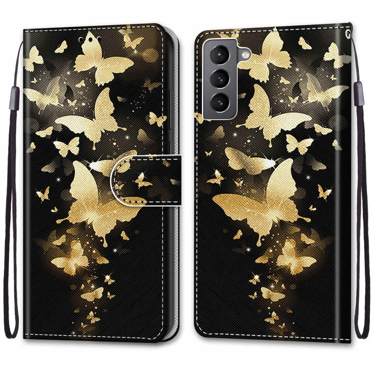 For Samsung Galaxy S22 5G Coloured Drawing Cross Texture Horizontal Flip Leather Phone Case with Holder & Card Slots & Wallet & Lanyard(Golden Butterfly Group)