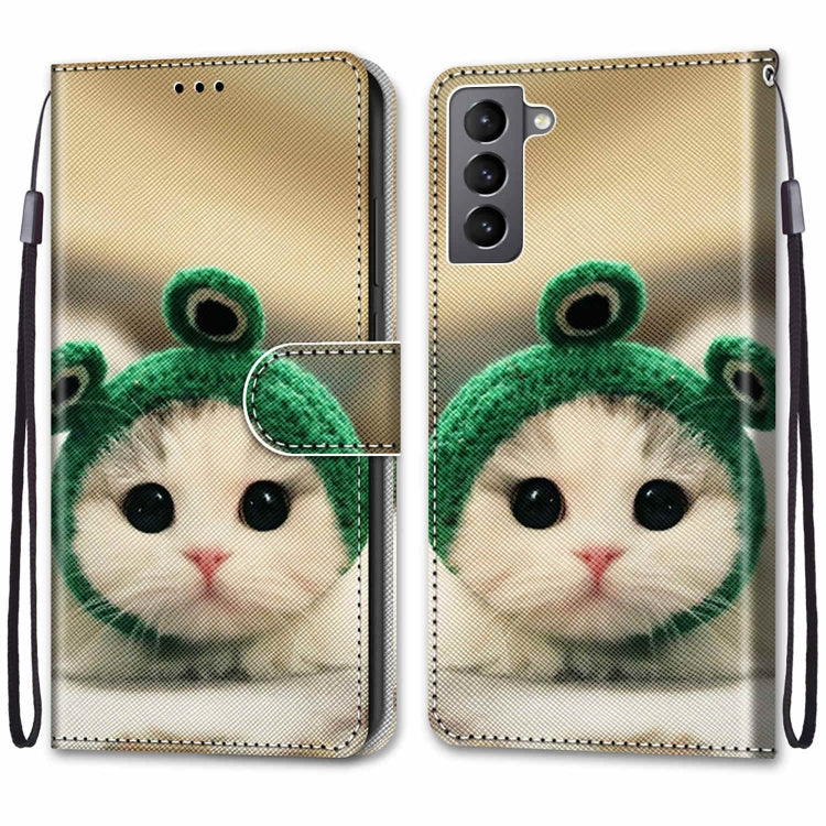 For Samsung Galaxy S22 5G Coloured Drawing Cross Texture Horizontal Flip Leather Phone Case with Holder & Card Slots & Wallet & Lanyard(Frog Kitten)