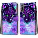 For Samsung Galaxy S22 5G Coloured Drawing Cross Texture Horizontal Flip Leather Phone Case with Holder & Card Slots & Wallet & Lanyard(Tiger Drinking Water)