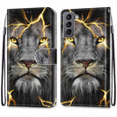 For Samsung Galaxy S22 5G Coloured Drawing Cross Texture Horizontal Flip Leather Phone Case with Holder & Card Slots & Wallet & Lanyard(Fission Lion)
