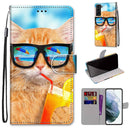 For Samsung Galaxy S22+ 5G Coloured Drawing Cross Texture Horizontal Flip Leather Phone Case with Holder & Card Slots & Wallet & Lanyard(Cat Drinking Soda)