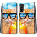 For Samsung Galaxy S22+ 5G Coloured Drawing Cross Texture Horizontal Flip Leather Phone Case with Holder & Card Slots & Wallet & Lanyard(Cat Drinking Soda)