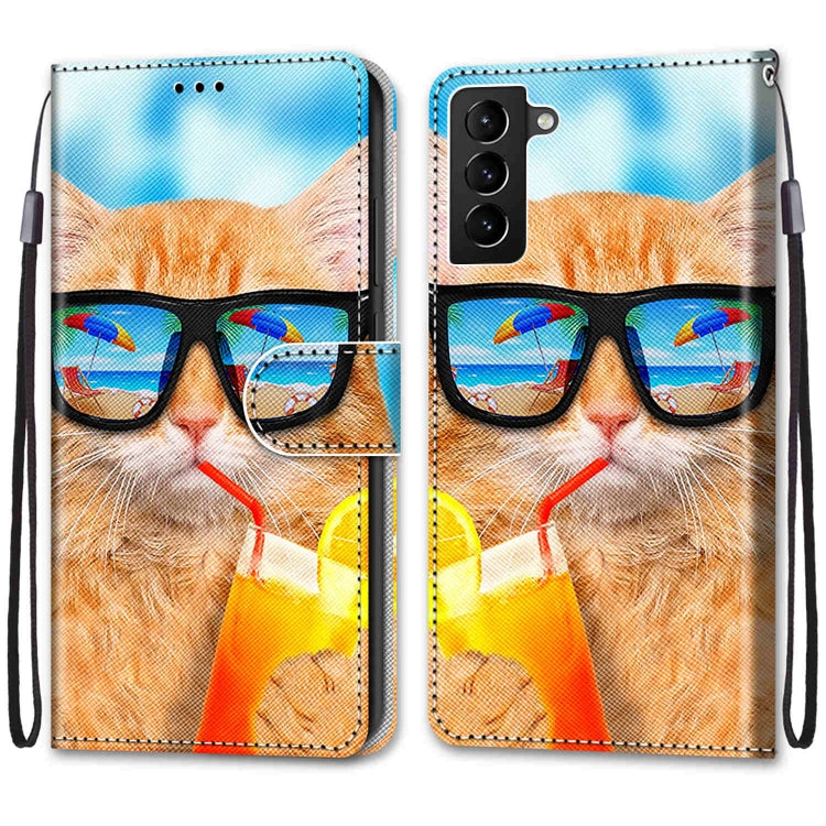 For Samsung Galaxy S22+ 5G Coloured Drawing Cross Texture Horizontal Flip Leather Phone Case with Holder & Card Slots & Wallet & Lanyard(Cat Drinking Soda)