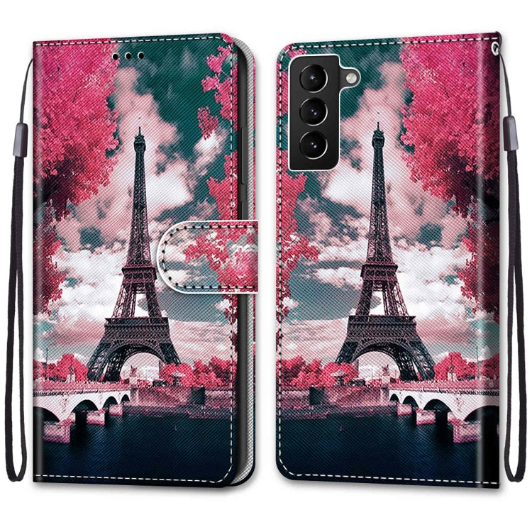 For Samsung Galaxy S22+ 5G Coloured Drawing Cross Texture Horizontal Flip Leather Phone Case with Holder & Card Slots & Wallet & Lanyard(Pink Flower Tower Bridge)