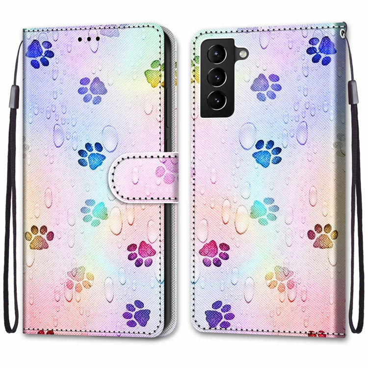 For Samsung Galaxy S22+ 5G Coloured Drawing Cross Texture Horizontal Flip Leather Phone Case with Holder & Card Slots & Wallet & Lanyard(Footprint Water Drops)