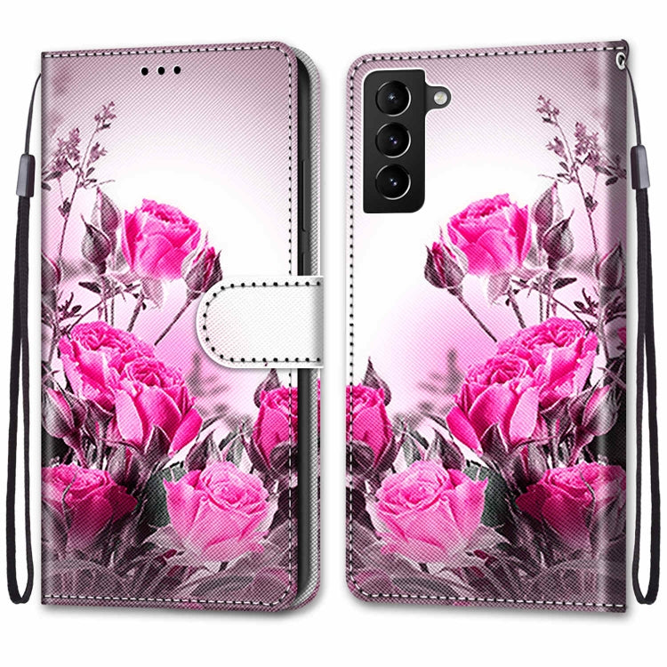 For Samsung Galaxy S22+ 5G Coloured Drawing Cross Texture Horizontal Flip Leather Phone Case with Holder & Card Slots & Wallet & Lanyard(Wild Rose)