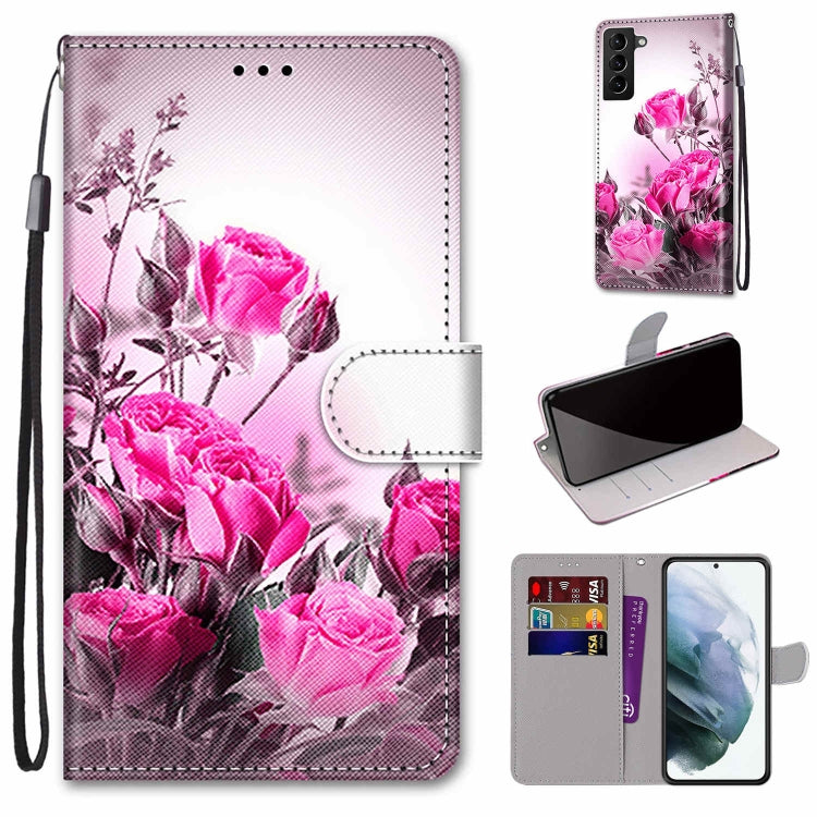 For Samsung Galaxy S22+ 5G Coloured Drawing Cross Texture Horizontal Flip Leather Phone Case with Holder & Card Slots & Wallet & Lanyard(Wild Rose)