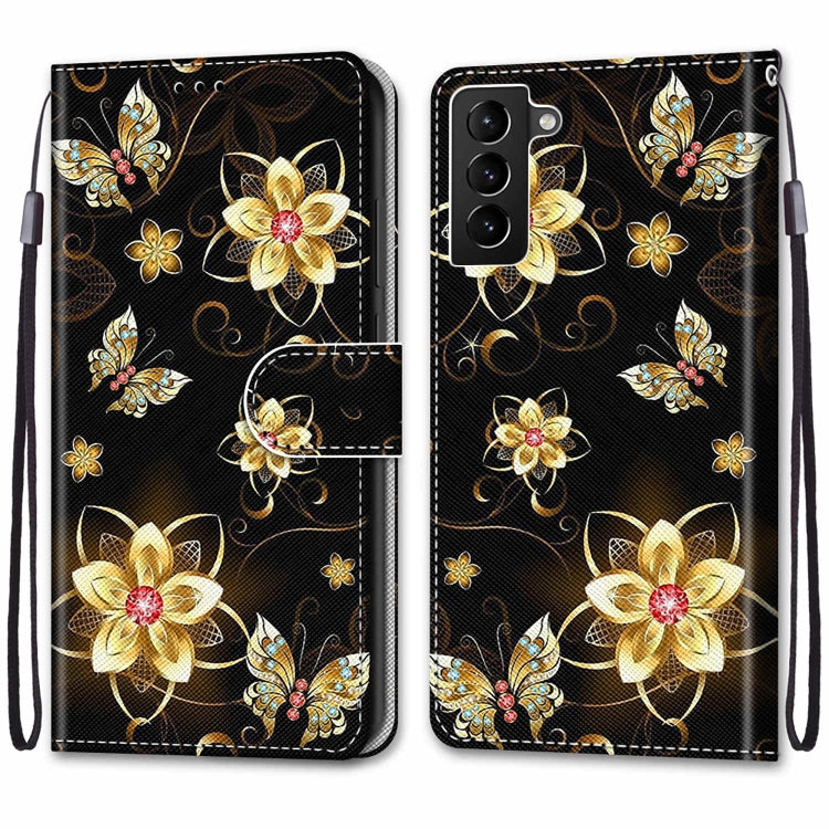 For Samsung Galaxy S22+ 5G Coloured Drawing Cross Texture Horizontal Flip Leather Phone Case with Holder & Card Slots & Wallet & Lanyard(Gold Diamond Butterfly)