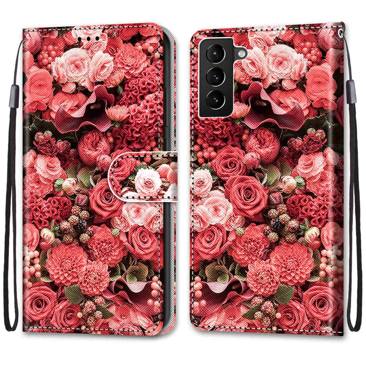 For Samsung Galaxy S22+ 5G Coloured Drawing Cross Texture Horizontal Flip Leather Phone Case with Holder & Card Slots & Wallet & Lanyard(Pink Rose Garden)
