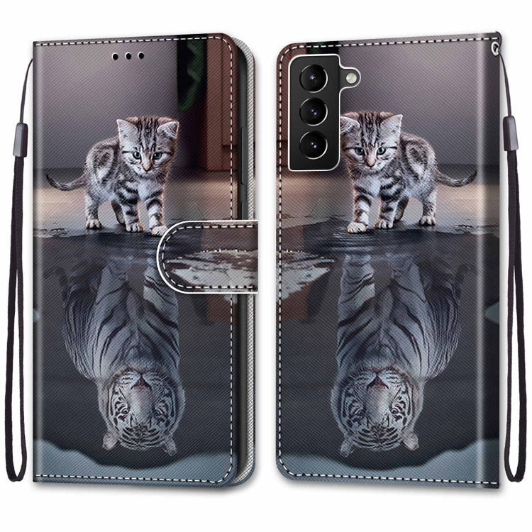 For Samsung Galaxy S22+ 5G Coloured Drawing Cross Texture Horizontal Flip Leather Phone Case with Holder & Card Slots & Wallet & Lanyard(Cat Becomes Tiger)