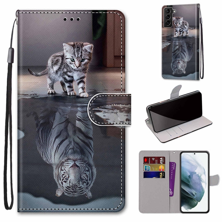 For Samsung Galaxy S22+ 5G Coloured Drawing Cross Texture Horizontal Flip Leather Phone Case with Holder & Card Slots & Wallet & Lanyard(Cat Becomes Tiger)