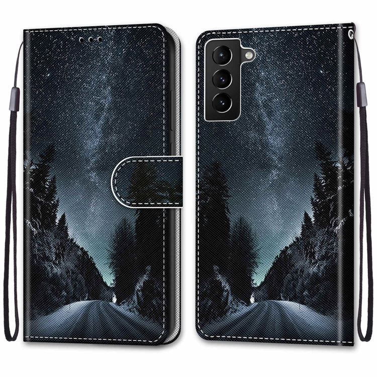 For Samsung Galaxy S22+ 5G Coloured Drawing Cross Texture Horizontal Flip Leather Phone Case with Holder & Card Slots & Wallet & Lanyard(Mountain Road Starry Sky)