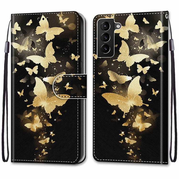 For Samsung Galaxy S22+ 5G Coloured Drawing Cross Texture Horizontal Flip Leather Phone Case with Holder & Card Slots & Wallet & Lanyard(Golden Butterfly Group)