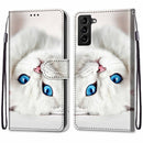 For Samsung Galaxy S22+ 5G Coloured Drawing Cross Texture Horizontal Flip Leather Phone Case with Holder & Card Slots & Wallet & Lanyard(White Kitten)