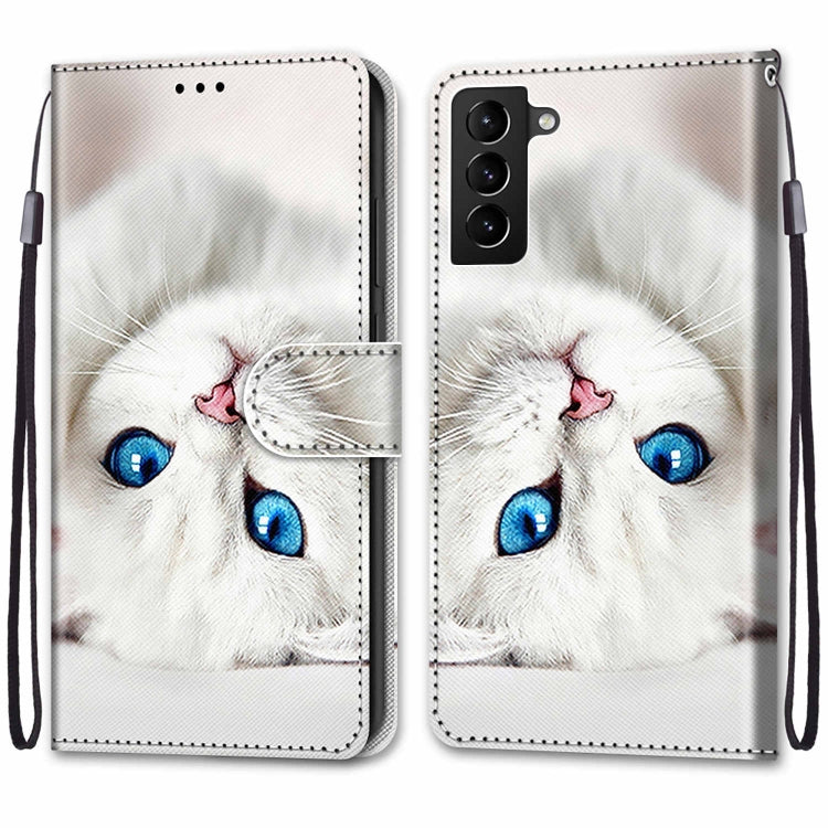 For Samsung Galaxy S22+ 5G Coloured Drawing Cross Texture Horizontal Flip Leather Phone Case with Holder & Card Slots & Wallet & Lanyard(White Kitten)