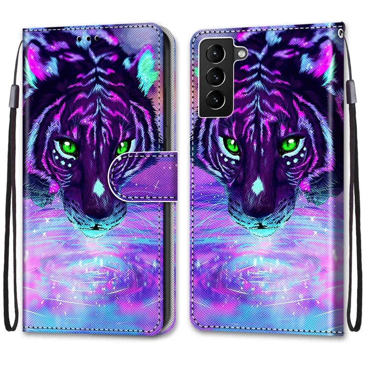 For Samsung Galaxy S22+ 5G Coloured Drawing Cross Texture Horizontal Flip Leather Phone Case with Holder & Card Slots & Wallet & Lanyard(Tiger Drinking Water)