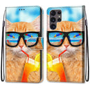 For Samsung Galaxy S22 Ultra 5G Coloured Drawing Cross Texture Horizontal Flip Leather Phone Case with Holder & Card Slots & Wallet & Lanyard(Cat Drinking Soda)