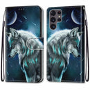 For Samsung Galaxy S22 Ultra 5G Coloured Drawing Cross Texture Horizontal Flip Leather Phone Case with Holder & Card Slots & Wallet & Lanyard(Pensive Wolf)