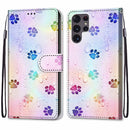 For Samsung Galaxy S22 Ultra 5G Coloured Drawing Cross Texture Horizontal Flip Leather Phone Case with Holder & Card Slots & Wallet & Lanyard(Footprint Water Drops)