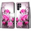 For Samsung Galaxy S22 Ultra 5G Coloured Drawing Cross Texture Horizontal Flip Leather Phone Case with Holder & Card Slots & Wallet & Lanyard(Wild Rose)