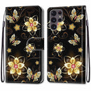 For Samsung Galaxy S22 Ultra 5G Coloured Drawing Cross Texture Horizontal Flip Leather Phone Case with Holder & Card Slots & Wallet & Lanyard(Gold Diamond Butterfly)