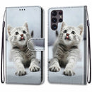 For Samsung Galaxy S22 Ultra 5G Coloured Drawing Cross Texture Horizontal Flip Leather Phone Case with Holder & Card Slots & Wallet & Lanyard(Small Grey Cat)