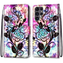 For Samsung Galaxy S22 Ultra 5G Coloured Drawing Cross Texture Horizontal Flip Leather Phone Case with Holder & Card Slots & Wallet & Lanyard(Color Bottom Hollow Flower)