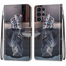For Samsung Galaxy S22 Ultra 5G Coloured Drawing Cross Texture Horizontal Flip Leather Phone Case with Holder & Card Slots & Wallet & Lanyard(Cat Becomes Tiger)