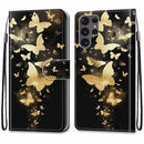 For Samsung Galaxy S22 Ultra 5G Coloured Drawing Cross Texture Horizontal Flip Leather Phone Case with Holder & Card Slots & Wallet & Lanyard(Golden Butterfly Group)