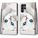 For Samsung Galaxy S22 Ultra 5G Coloured Drawing Cross Texture Horizontal Flip Leather Phone Case with Holder & Card Slots & Wallet & Lanyard(White Kitten)