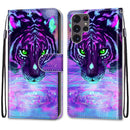 For Samsung Galaxy S22 Ultra 5G Coloured Drawing Cross Texture Horizontal Flip Leather Phone Case with Holder & Card Slots & Wallet & Lanyard(Tiger Drinking Water)