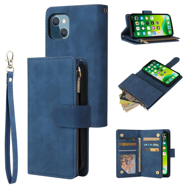 Multifunctional Phone Leather Case with Card Slot & Holder & Zipper Wallet & Photo Frame For iPhone 13(Blue)