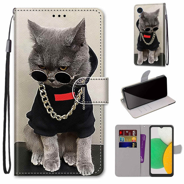 For Samsung Galaxy A03 Core Coloured Drawing Cross Texture Horizontal Flip PU Phone Leather Case with Holder & Card Slots & Wallet & Lanyard(Colorful Layer(Golden Chain Grey Cat)