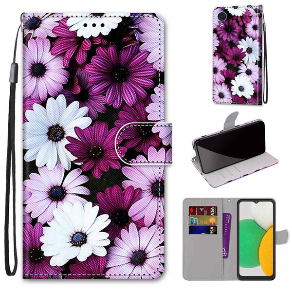 For Samsung Galaxy A03 Core Coloured Drawing Cross Texture Horizontal Flip PU Phone Leather Case with Holder & Card Slots & Wallet & Lanyard(Colorful Layer(Chrysanthemum Pink White Purple)