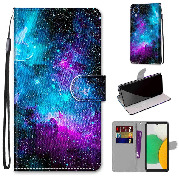 For Samsung Galaxy A03 Core Coloured Drawing Cross Texture Horizontal Flip PU Phone Leather Case with Holder & Card Slots & Wallet & Lanyard(Colorful Layer(Purple Green Starry Sky)
