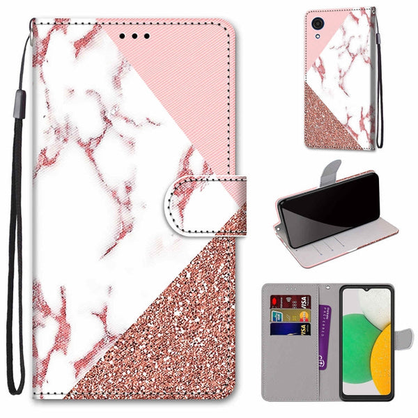 For Samsung Galaxy A03 Core Coloured Drawing Cross Texture Horizontal Flip PU Phone Leather Case with Holder & Card Slots & Wallet & Lanyard(Colorful Layer(Stitching Pink Stone Pattern)
