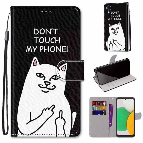 For Samsung Galaxy A03 Core Coloured Drawing Cross Texture Horizontal Flip PU Phone Leather Case with Holder & Card Slots & Wallet & Lanyard(Colorful Layer(Middle Finger White Cat)