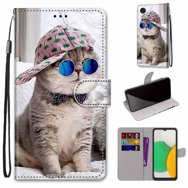 For Samsung Galaxy A03 Core Coloured Drawing Cross Texture Horizontal Flip PU Phone Leather Case with Holder & Card Slots & Wallet & Lanyard(Colorful Layer(Oblique Hat Blue Mirror Cat)