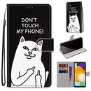 For Samsung Galaxy A13 5G Coloured Drawing Cross Texture Horizontal Flip PU Phone Leather Case with Holder & Card Slots & Wallet & Lanyard(Colorful Layer(Middle Finger White Cat)