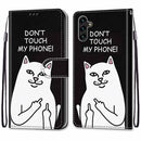For Samsung Galaxy A13 5G Coloured Drawing Cross Texture Horizontal Flip PU Phone Leather Case with Holder & Card Slots & Wallet & Lanyard(Colorful Layer(Middle Finger White Cat)